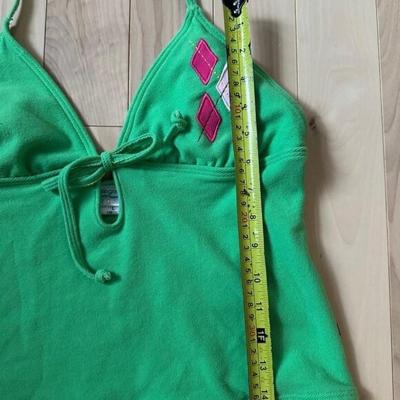 Vintage Aqua Rose Green Stretch Halter Tankini Top – Y2K Argyle Pink White – L - Picture 7 of 7